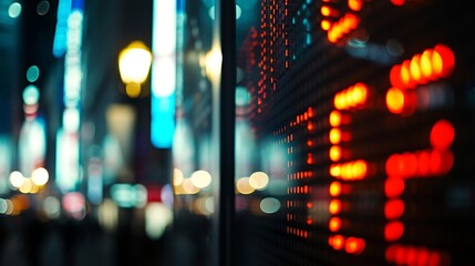Leinwandbilder - Display of Stock market quotes with city lights reflect on glass, small focus line : Generative AI