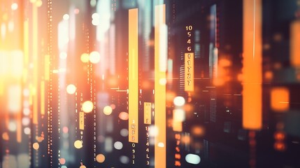 Fototapete - Abstract glowing big data forex candlestick chart on blurry city backdrop. Trade, technology, investment and analysis concept. Double exposure : Generative AI