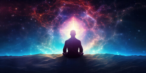 A meditating human silhouette in yoga lotus pose. Galaxy universe background.