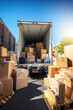 A truck full of moving boxes and furniture. Moving service concept.