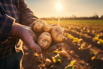 Canvas Print - Close up hand of farmer holding potatoes on harvest field.