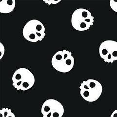 Wall Mural - Black seamless pattern with white Halloween skulls