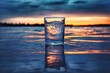 A glass of water with a reflection on the background of a beautiful sunset over the lake