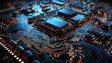 Electronic Circuit Board Close Up. CPU Chip On Motherboard. Abstract 3D Render Of A Processor Computer Chip On A Cicuit Board With Microchips And Other Computer Parts. Circuit Board Background