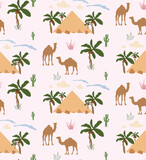 Fototapeta Konie - Palm Camel Pyramid Cactus Vector Seamless
Cute Camels with Cactus Seamless Pattern Good for Fabric Textile Vector Elements Desert Landscape Camels Cloud Cactus Seamless Pattern Vector Illustration