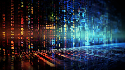 Binary code with digital effects wallpaper or banner. SQL (Structured Query Language) code on computer monitor and server room background. Example of SQL code to query data from a database.
