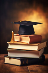 Wall Mural - Graduation hat and stack of study books. Concept of education and graduation.