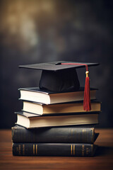 Wall Mural - Graduation hat and stack of study books. Concept of education and graduation.