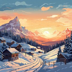 Wall Mural - sunset in the mountains Illustration