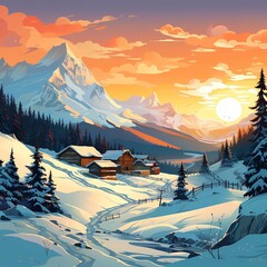 Wall Mural - sunrise in the mountains illustration