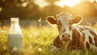 A well-groomed cow on green meadow on a sunny day. Organic dairy products concept. Agricultural landscape. Generative AI