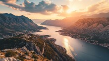 Majestic Norwegian Fjords, Warm Sunset Hues, Aerial Drone View, Tranquil Waters, Detailed Sunset Scene Generative AI