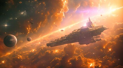 Wall Mural - Voyage on a luxury cruise spaceship in a massive stardust cloud with forming stars and planets