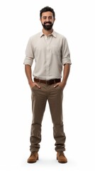 Poster - Middle-aged male delivery person with packages, gentle smile, professional posture, in full growth against a plain white background Generative AI