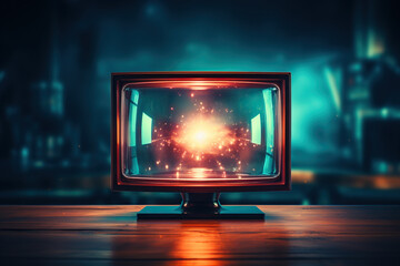 Vintage style TV screen on a wooden stand. Generated by artificial intelligence