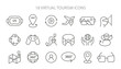Comprehensive set of Virtual Tourism icons, capturing the essence of VR, 360-degree views, and navigation in digital exploration. Vector illustration.