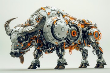 Leinwandbilder - Photo concept of a cybernetically enhanced buffalo with robotic parts and technological upgrades, displayed against a solid white backdrop Generative AI