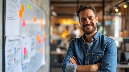 Poster - Photo concept of a man in an office, standing near a whiteboard, smiling and collaborating on a project with colleagues Generative AI