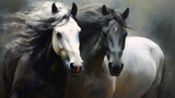 Fototapeta Sypialnia - Two black&white beautiful horses plaing, very dynamic, oil paint.