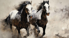 Two Black&white Beautiful Horses Plaing, Very Dynamic, Oil Paint.