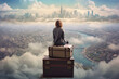 A beautiful woman sitting on a travel suitcase in the clouds surrounded by various tourist attractions in the world, full body