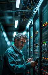 Canvas Print - IT professional with digital tablet monitoring system performance of database network servers working on rack in high tech data center. Webhosting, cloud computing.