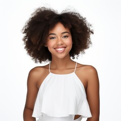 Wall Mural - A young, radiant Beautiful Black woman adorns herself in relax pajamas, smiling peacefully against a simple background. Generative AI.