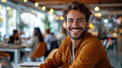 Poster - Realistic depiction of a man in a modern office space, smiling brightly while collaborating with coworkers at a shared workspace Generative AI