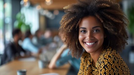 Wall Mural - Realistic depiction of a woman in a modern office space, smiling happily while collaborating with coworkers around a conference table Generative AI