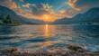 Realistic photo capturing the majestic Bay of Kotor with the sun setting behind scattered clouds, casting a warm golden glow over the tranquil waters, waves gently kissing the rocky shore, Generative 