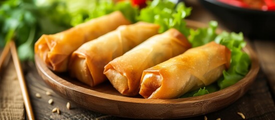Wall Mural - Chinese spring rolls in a wooden plate (close-up shot)