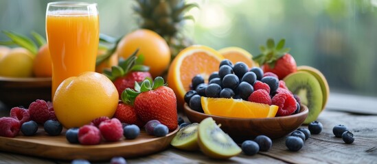 Canvas Print - Nutritious fruit meal with juice on table.