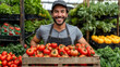 © ADDICTIVE STOCK - Smiling farmer with fresh tomatoes at market Generative AI image