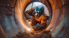 Welder at work inside a metal pipe with sparks flying Generative AI image