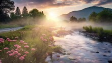  Spring Sunrise Along The River. Beautiful Nature Scene. Seamless Looping Overlay 4k Virtual Video Animation Background 