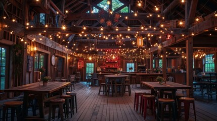 Poster - Rustic barn-style event setting, wooden beams, country decor, and cozy lighting, suitable for cooking or crafting streams Generative AI