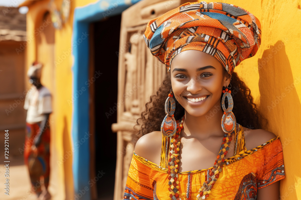 Radiant smile of a young African woman in traditional attire Generative ...