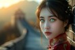 Portrait of a beautiful asian woman with chinese dress at sunset. beautiful asian woman with red kimono on the mountain. Chinese girl with ebony hair.