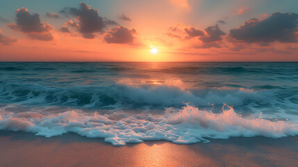 Wall Mural - A tranquil beach, with azure waves as the background, during a serene sunset