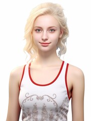 Wall Mural - Caucasian woman, dressed in tranquil pajamas adorned with simple patterns, radiates a calm smile against the backdrop of a plain background setting. Generative AI.