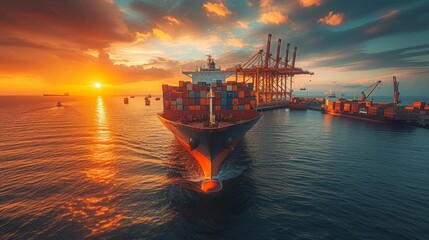 Poster - At sunrise, Container Cargo Ship and Cargo Plane with crane bridge are being moved in a shipyard. The background is a background in the logistics, import, export, and transportation industry.