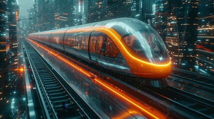 Leinwandbilder - 3d abstract railroad travel concept showing fast express passenger train moving from city to city. Futuristic technology. Modern town cityscape.