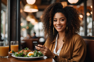 Healthy food influencer girl in a restaurant creating content with her mobile