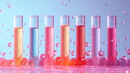 Aufkleber - A row of test tubes in a medical laboratory with a droplet and dropper in blue and red tones, close up, macro photography shot.