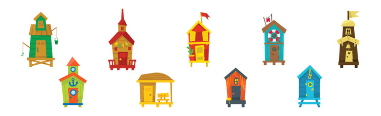 Sticker - Beach Cabin and Fishing House or Hut Vector Set