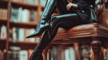 Woman dressed in leather and heeled boots sitting on a chair. Femme habillée en cuir et des bottes à talons assise sur une chaise.