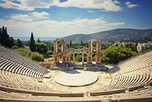 Ruins Of An Ancient Theater Overlooking The City And Hills In Sunny Weather