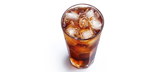 Wall Mural - High quality photo of a soda with ice in a transparent glass on a white background.