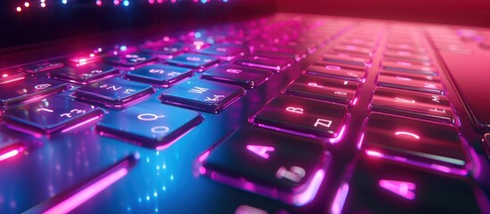 Wall Mural - Computer keyboard on illuminated neon light background. AI generated image