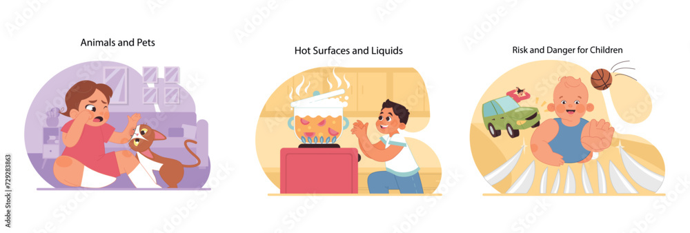 Child Safety set. Domestic hazards for kids with pets, hot objects, and ...